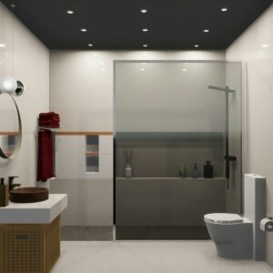 A bathroom with a toilet a sink and a mirror